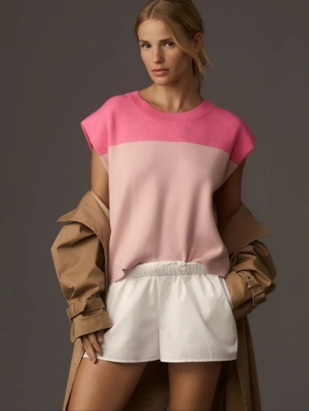 MAEVE BY ANTHROPOLOGIE PINK COLORBLOCK CAP SLEEVE SWEATER TOP SZ S